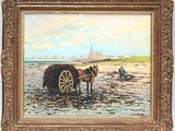 an oil painting of a horse drawn carriage on a beach