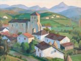 an image of a painting of a village on a hill