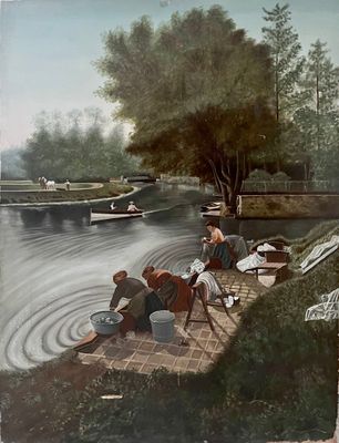 a painting of a group of people on a dock