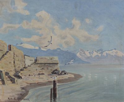 a painting of a bird flying over a body of water