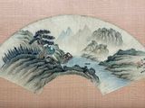 painting of a fan with a mountain scene painted on it