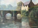 une peinture représentant un pont enjambant une rivière, avec un bâtiment en arrière-plan