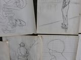 several drawings of a person on a skateboard on a wall