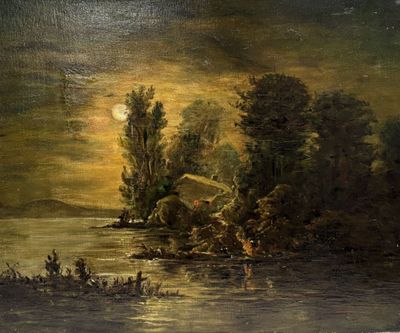 an oil painting of a river scene with a boat in the water