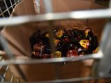 a basket full of beer bottles inside of a metal cage
