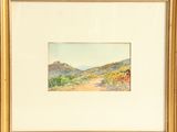 an image of a painting of a desert scene with mountains in the background