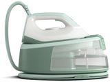 un fer à repasser à vapeur vert et blanc posé sur une surface blanche