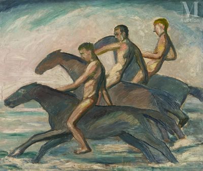 un tableau représentant trois personnes à cheval dans l'eau