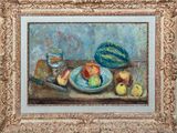 un tableau représentant des pommes et un melon posés sur une table