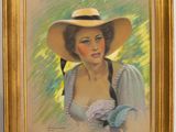 painting of a woman wearing a large hat and holding a flower