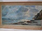 a painting of a sailboat on the water by the rocks