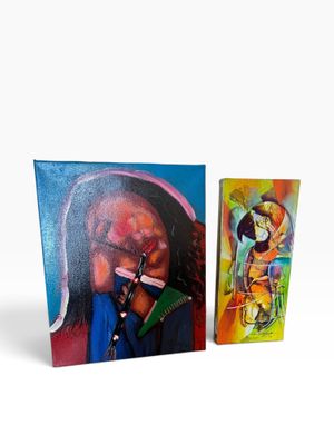 two paintings of a woman and a man on a white background
