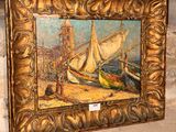 an image of a picture of a painting of a boat on a beach