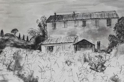 drawing of a house in the middle of a field with trees in the background