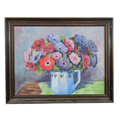 une peinture à l'huile représentant un vase de fleurs sur une table