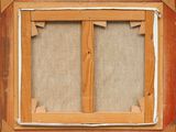 an old picture of a wooden frame with a window in it