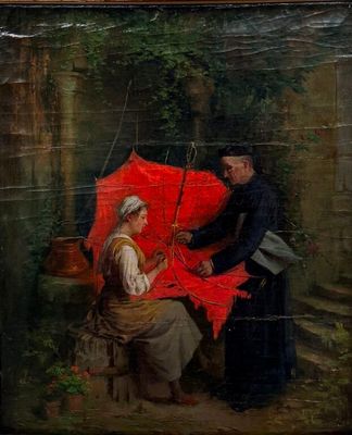 a painting of a man and a woman with a red umbrella