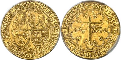 a gold coin with an image of a man and a cross on it