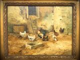 a painting of chickens and roosters in a barn