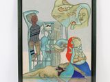 painting of a man and a woman with a dog in front of a cage