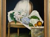 an oil painting of a chair with flowers and fruit on a table