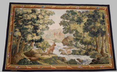 tableau représentant une scène forestière avec un cerf et une cascade