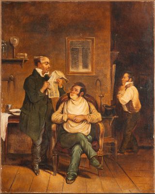 394. Ecole Anglaise, c. 1830.The political barber.