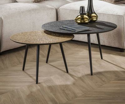 Lot de 2 tables basses rondes, en bois et aspect métal gris …