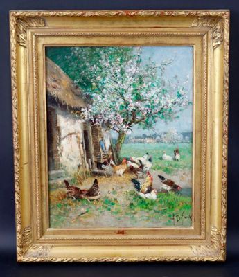 un tableau représentant des poulets devant une maison