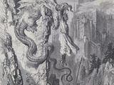 dessin représentant un dragon attaquant un homme armé d'une épée au bord d'une falaise