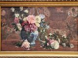 a painting of flowers in a vase on a table
