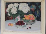 a painting of a bowl of fruit and flowers on a table