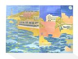 une image d'une peinture d'une ville au bord de l'eau