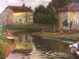 a painting of a man washing his hands in a river