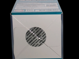 a white box with a blue and white design on it