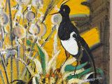 a painting of two birds sitting next to a vase of flowers