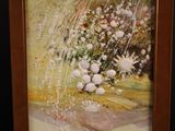 painting of flowers in a vase on a table in front of a black wall