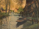 une photo d'un tableau représentant un village au bord de l'eau