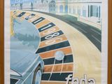painting of a car driving down a road with a casino wheel in front of it