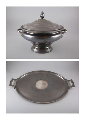 deux photos d'un plat en argent muni d'un couvercle et d'un plat en argent sur lequel est posé un autre plat en argent