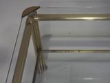 a close up of a glass and brass coffee table on a white background