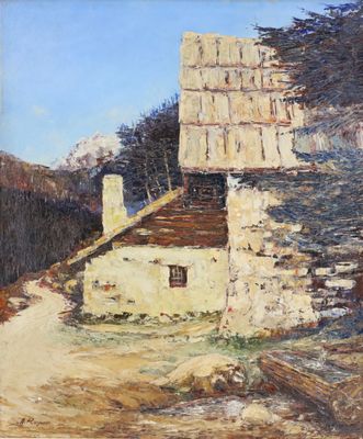 an oil painting of a stone building in a mountainous landscape
