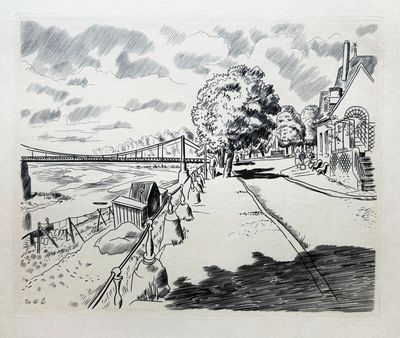 esquisses d'un dessin représentant un pont enjambant une rivière, sur lequel marchent des personnes