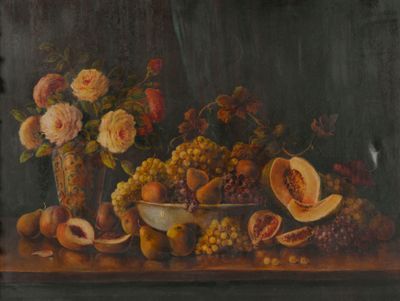 a painting of a bowl of fruit and flowers on a table