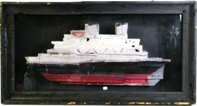 a picture of a painting of a ship in a black frame