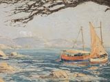 a painting of two boats on the water near a tree
