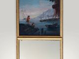 tableau représentant un homme vêtu d'un manteau rouge sur un bateau, au milieu d'un plan d'eau, à côté d'un miroir accroché au mur