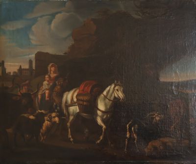 tableau représentant un homme à cheval, avec une charrette tirée par des animaux devant lui