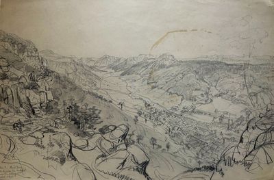 dessin représentant une vallée avec une montagne au loin