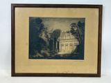 une peinture représentant une maison dans un cadre boisé, avec des arbres en arrière-plan